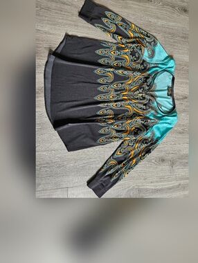 Vintage 80s Bob Mackie Wearable Art Turquoise Paisley Print Zipper Tunic Top 1X
